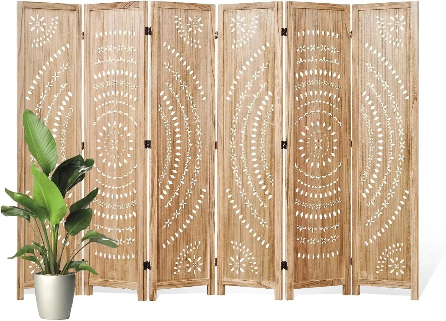 66.9Inch Folding Room Divider, 6 Panels Wood Carved Privacy Screens