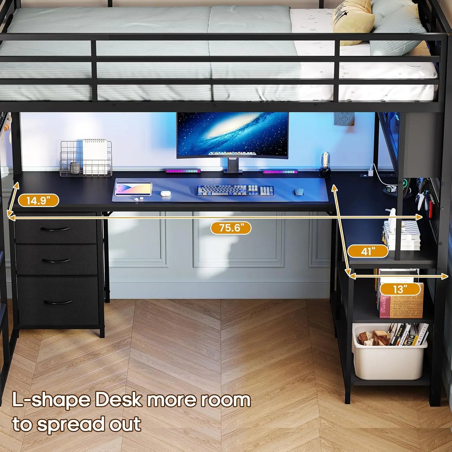 Twin Loft Bed L-Shaped Gaming Desk Storage Hutch Power Outlet Metal Frame RGB Lights Space Saving Teens Black, Customized
