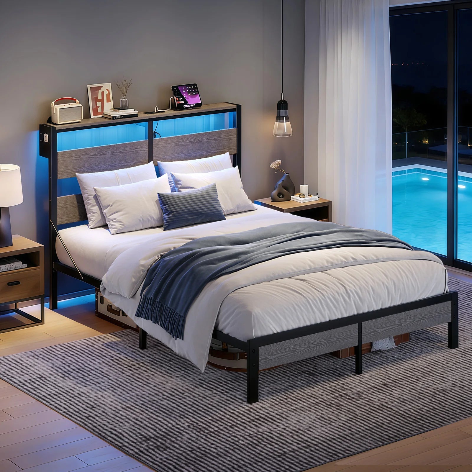 Queen Bed Frame with Headboard and Charging Station Non Slip Queen Bed
