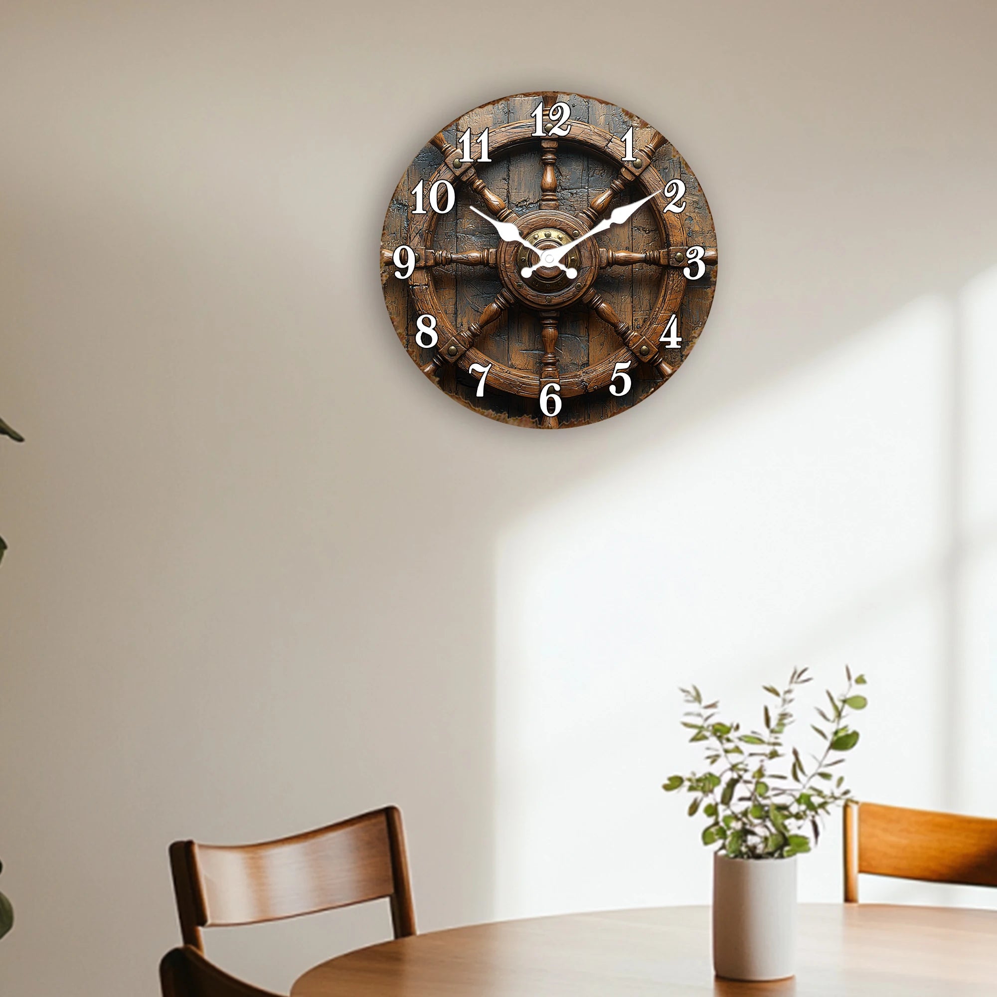 Antique Wooden Ship Steering Wheel Wall Clock - Nautical Decor for Office