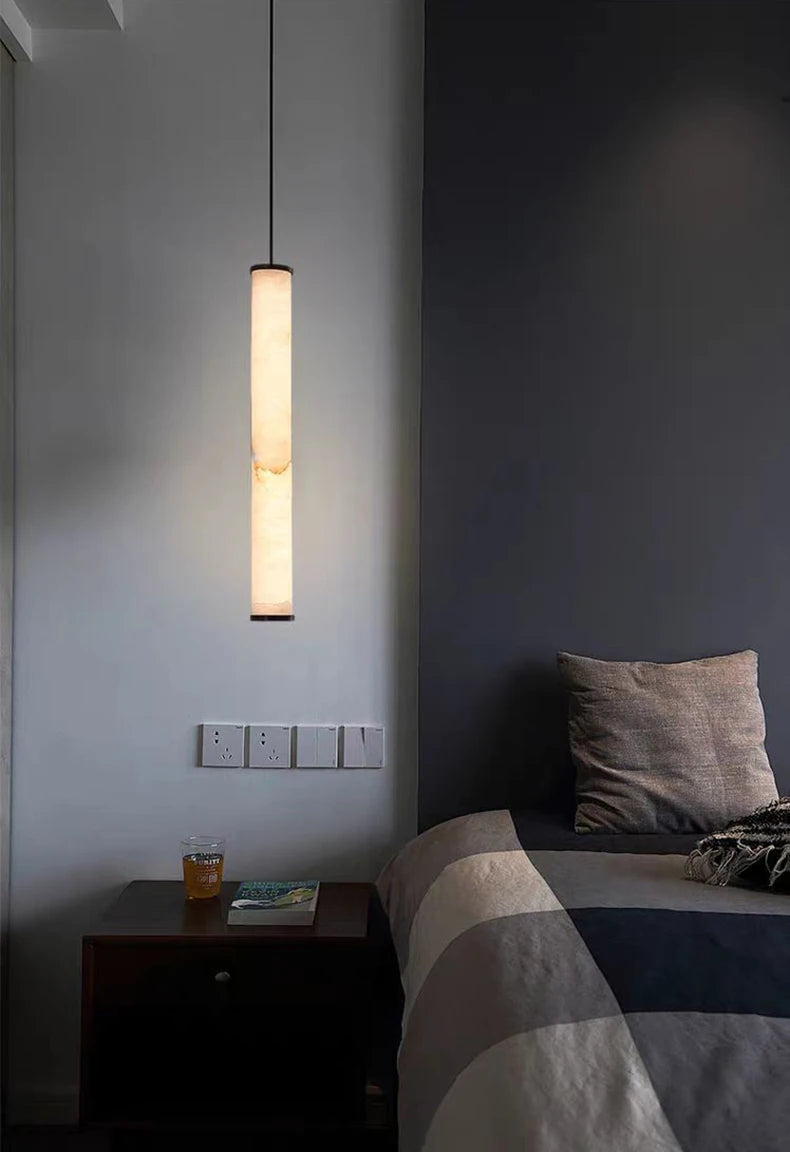 Cylindrical Natural Marble Chandelier Black Brass 3000K Indoor Bedroom Lamp