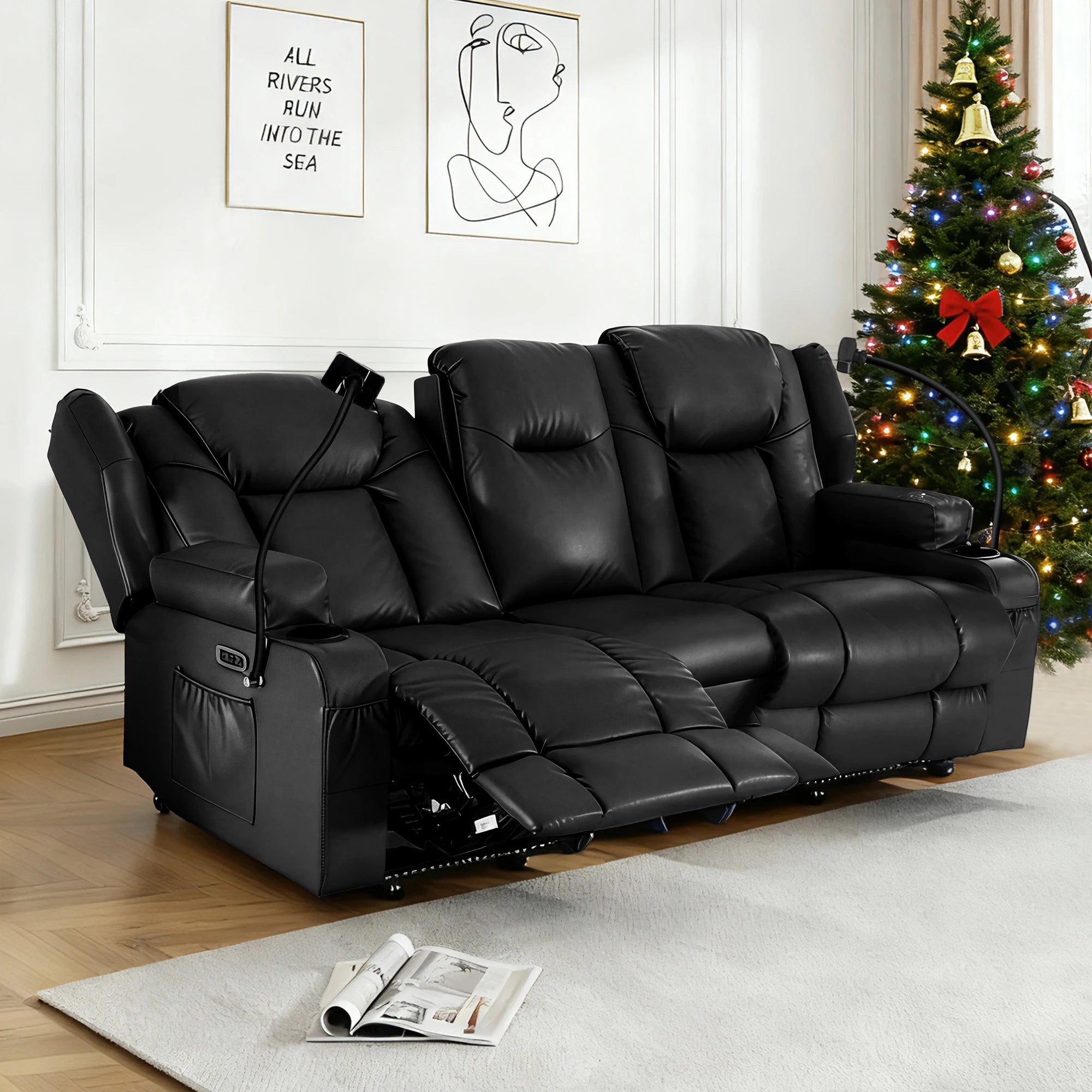 Power Loveseat Recliner with Massage & Heat — Dual Motor, Cat-Claw Leather
