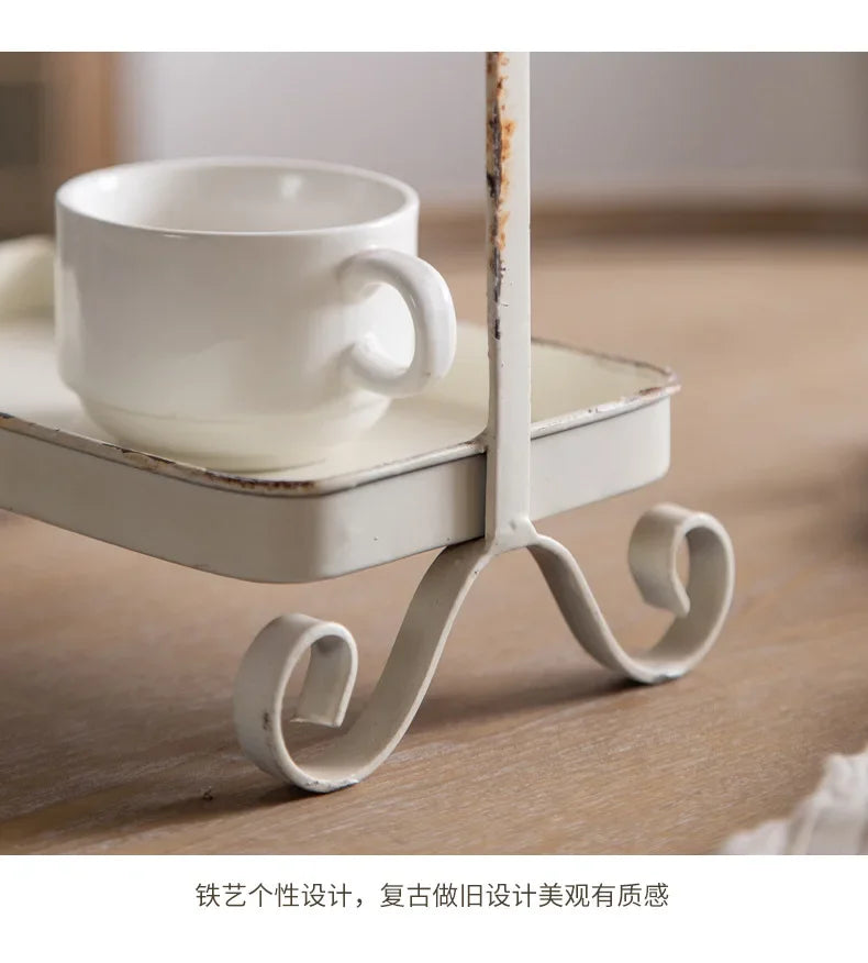 Metal White Double Height Tray with Retro Bird Finale, Cake Stand, Kitchen Storage
