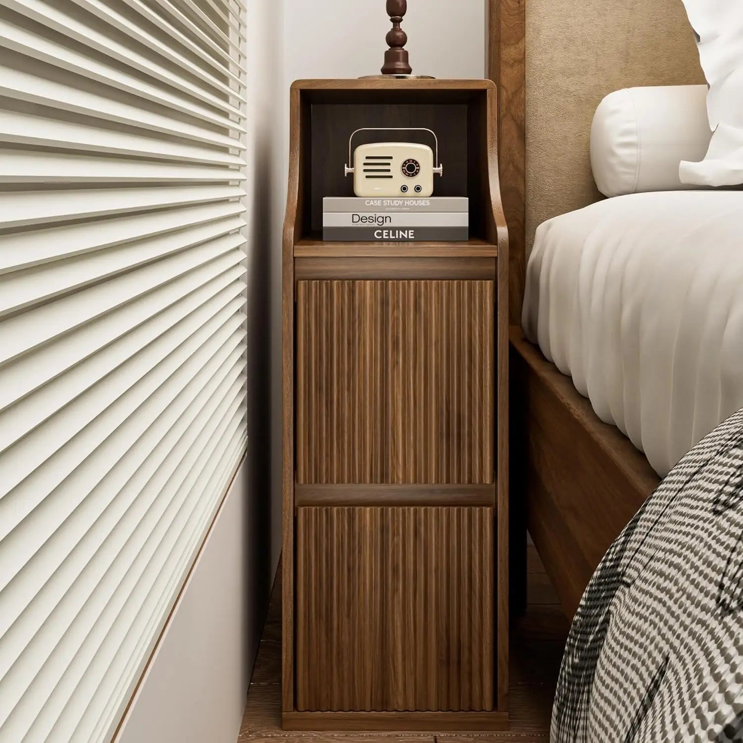 Fluted Narrow Nightstand Set Of 2, Skinny Bedside Table With 2 Drawers