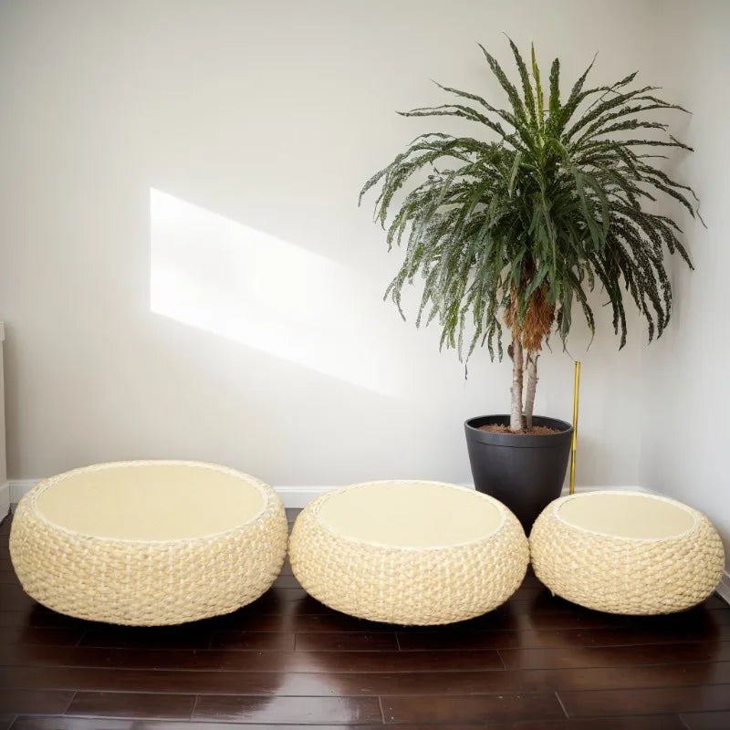 Handwoven Water Hyacinth Rattan Stool, Bohemian Round Ottoman for Bedroom