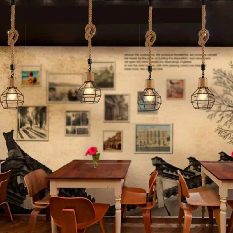 Vintage Pendant Light Hemp Rope Iron Art Industrial Style Originality Chandelier