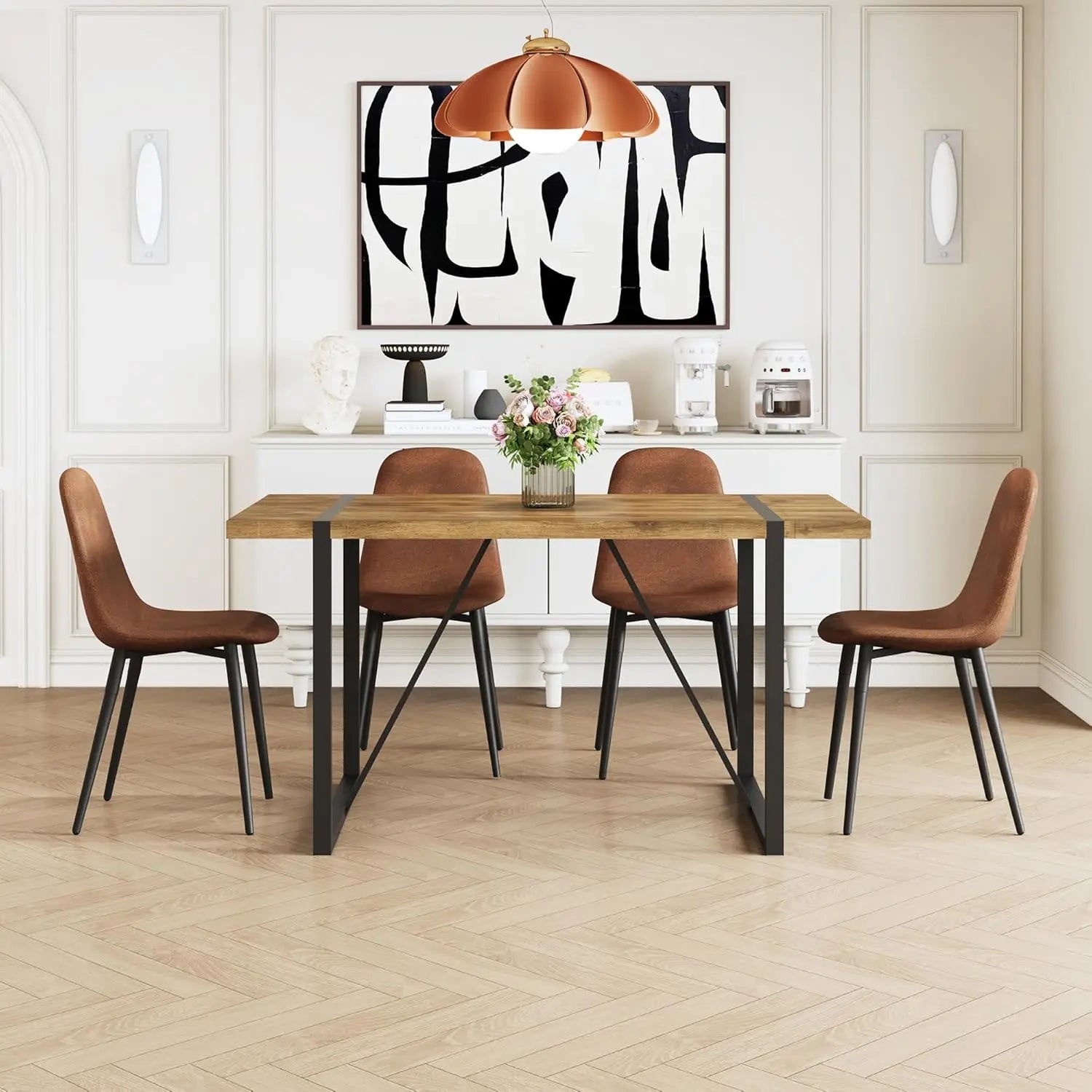 Rustic 5 Piece Dining Set Mid Century 55in Rectangle Wood Table Fabric Chairs