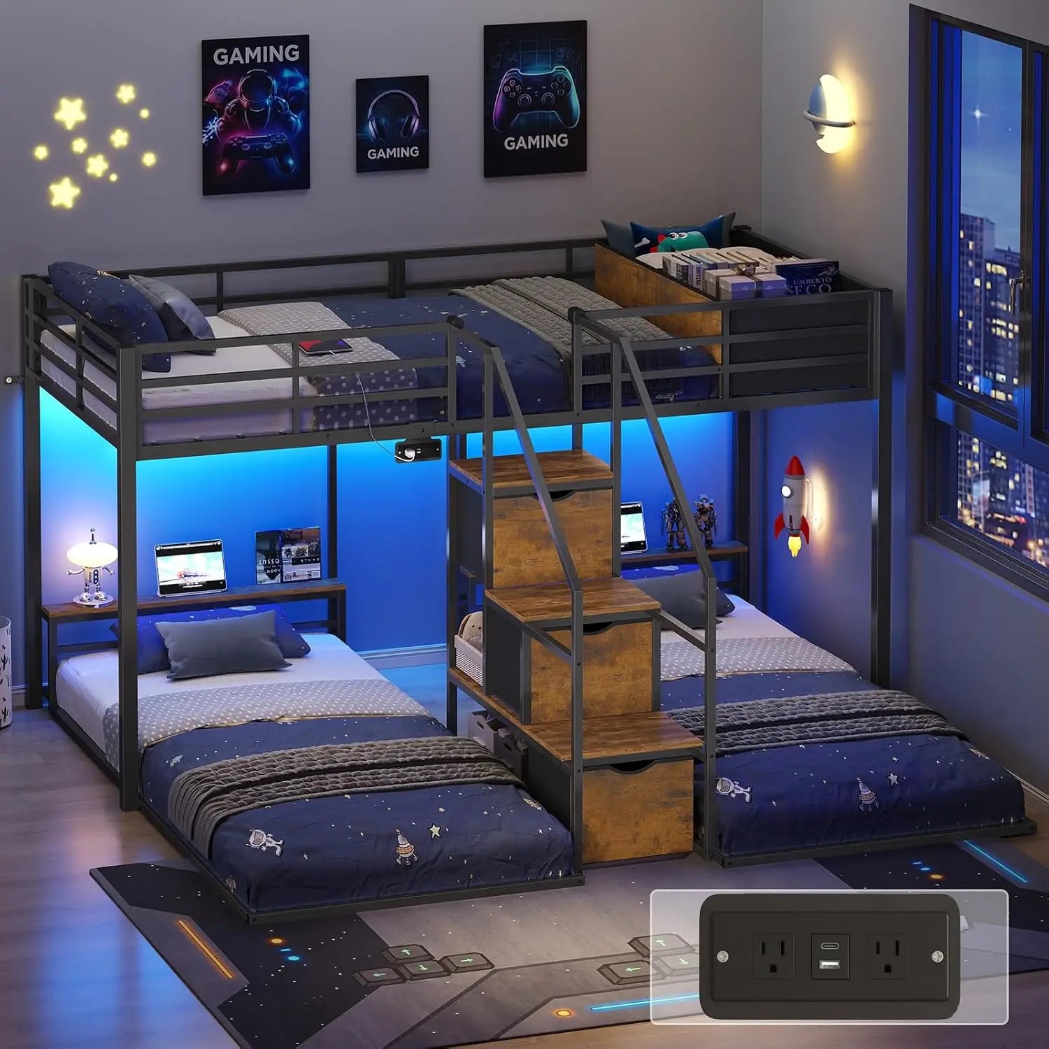 Triple Bunk Bed with Storage Staircase, RGB Lights & Charging Station, Twin Over Twin, Heavy Duty Metal 3 Bunk Beds, Customized
