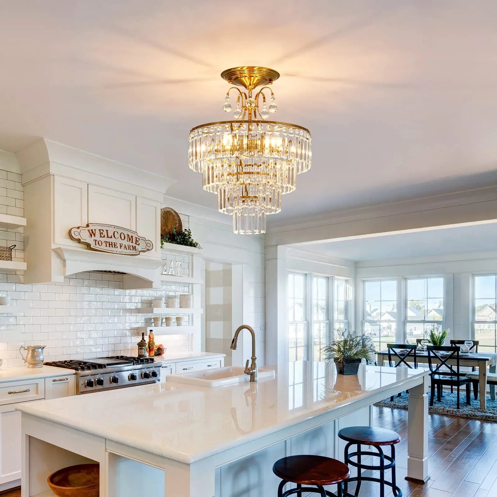 Luxury Gold Crystal Ceiling Light, Round Dimmable Semi-Flush Mount Modern