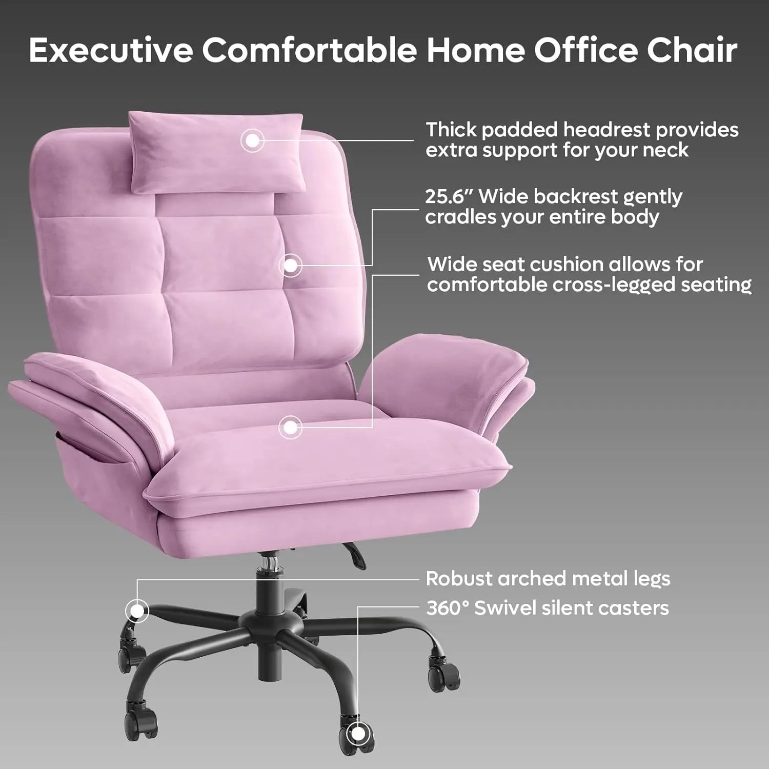 Pink Velvet Criss Cross Chair Flip-Up Armrests Side Pockets Big Tall Desk Chair