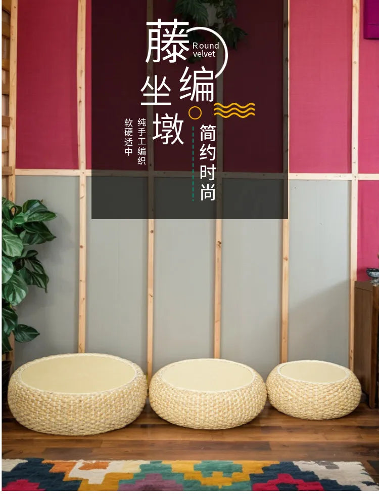 Handwoven Water Hyacinth Rattan Stool, Bohemian Round Ottoman for Bedroom