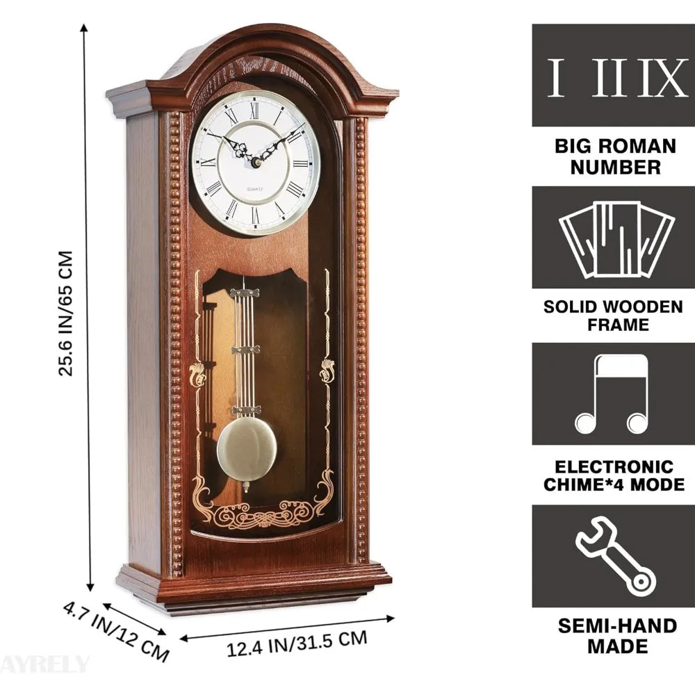 Grandfather Wall Clock with Pendulum and Chime Hour Quarter Hour Chime Wood