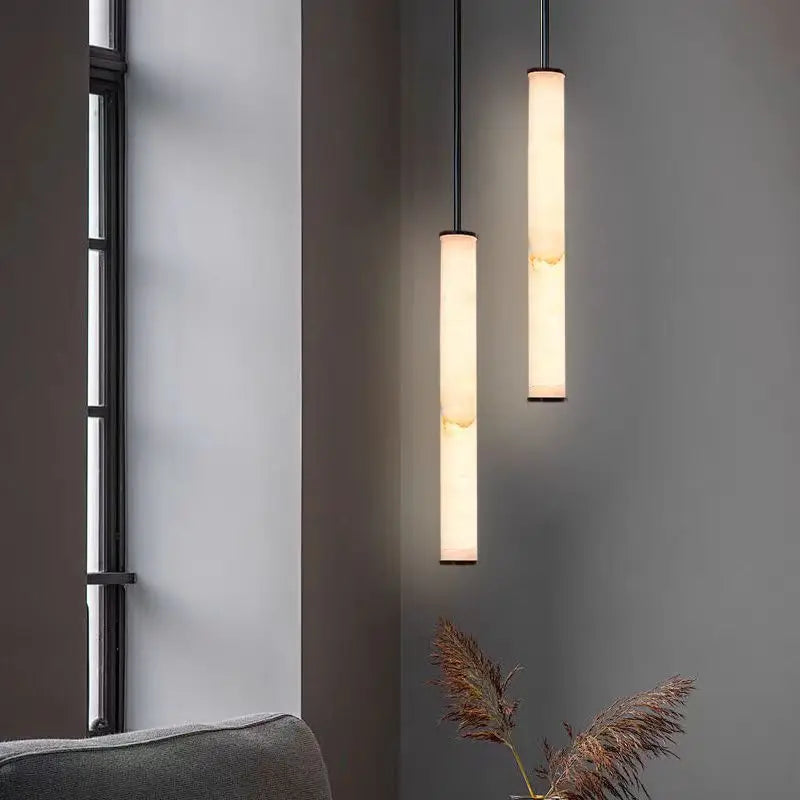 Cylindrical Natural Marble Chandelier Black Brass 3000K Indoor Bedroom Lamp