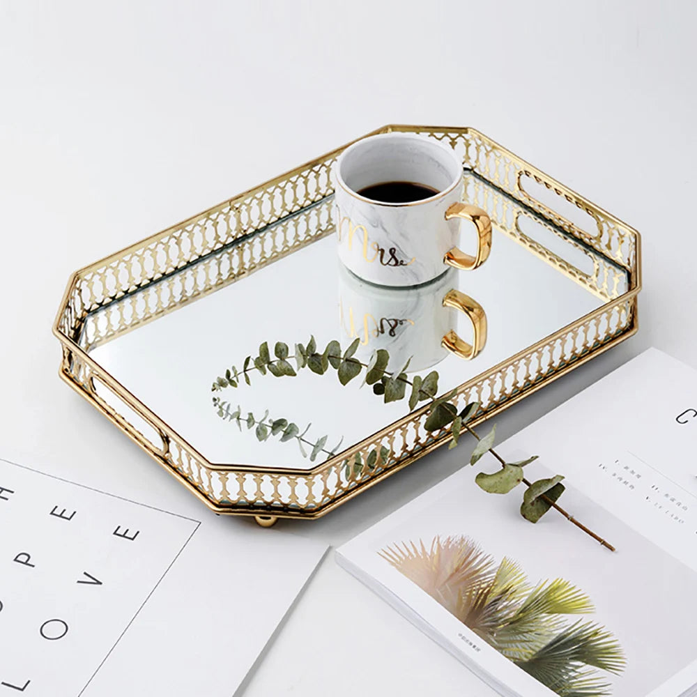 Decorative Tray Metal Glass Vintage Mirror Glass Storage Tray Gold Fruit Tray