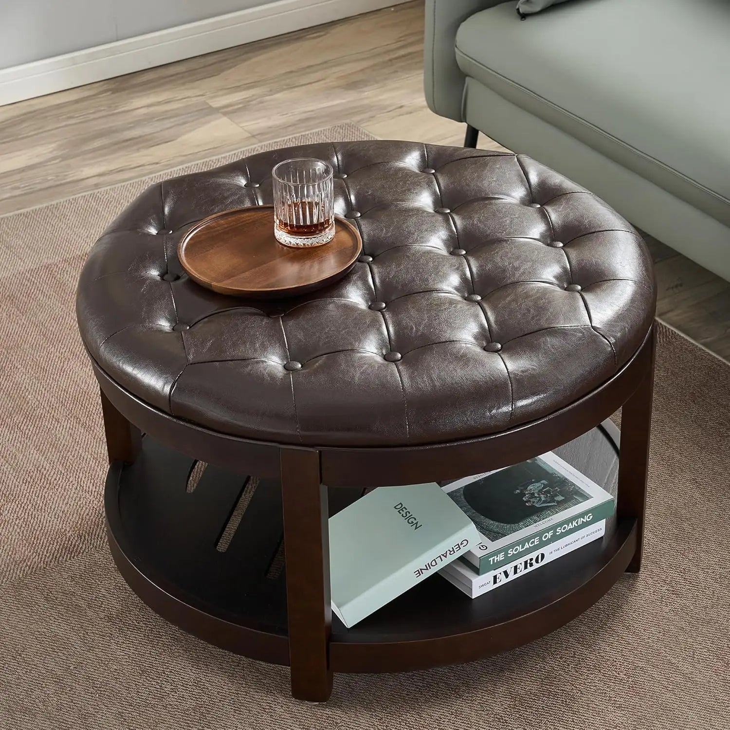 Large Round Ottoman Coffee Table with Storage, Upholstered Button Tufted