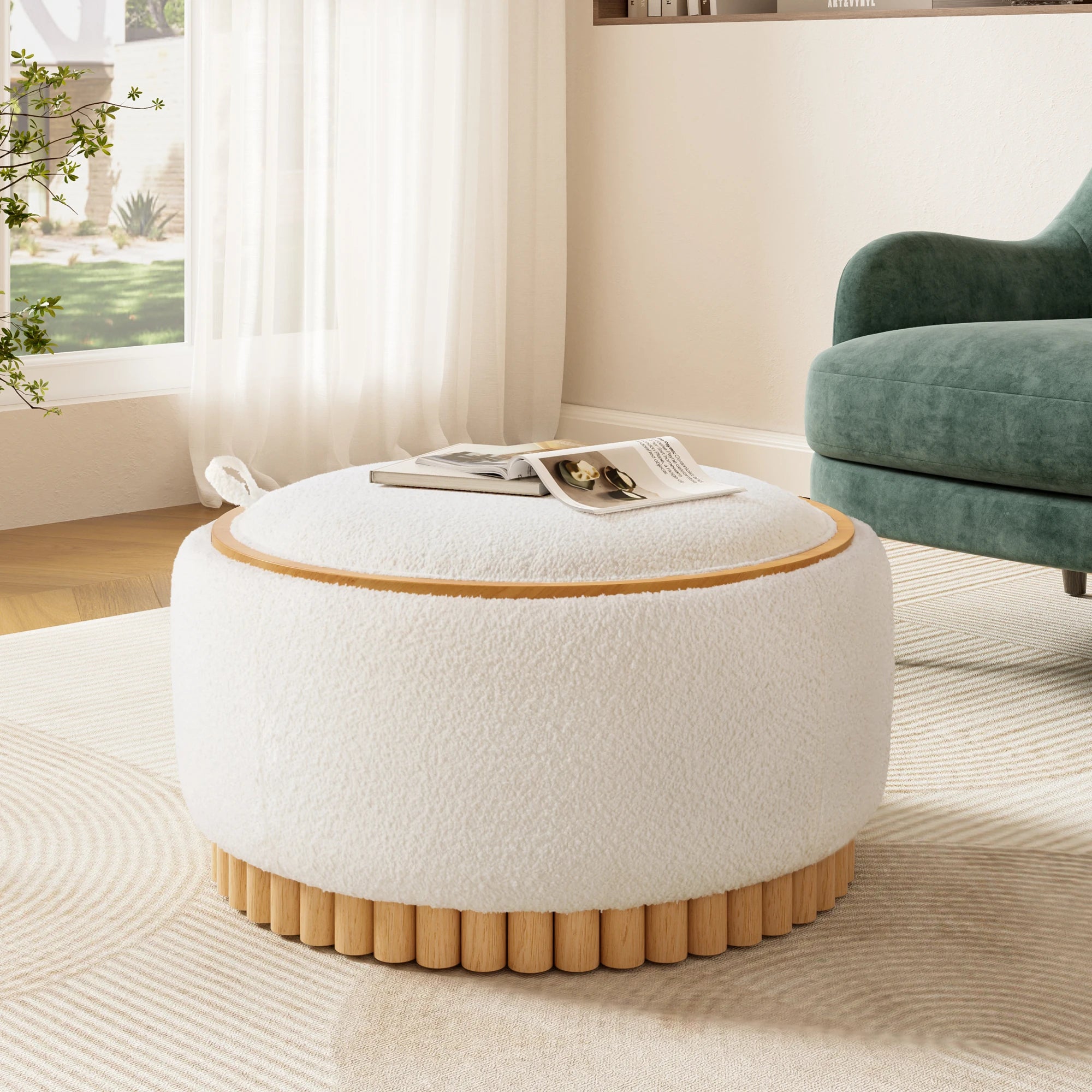 29" Round Storage Ottoman with Reversible Lid, Solid Wood Coffee Table
