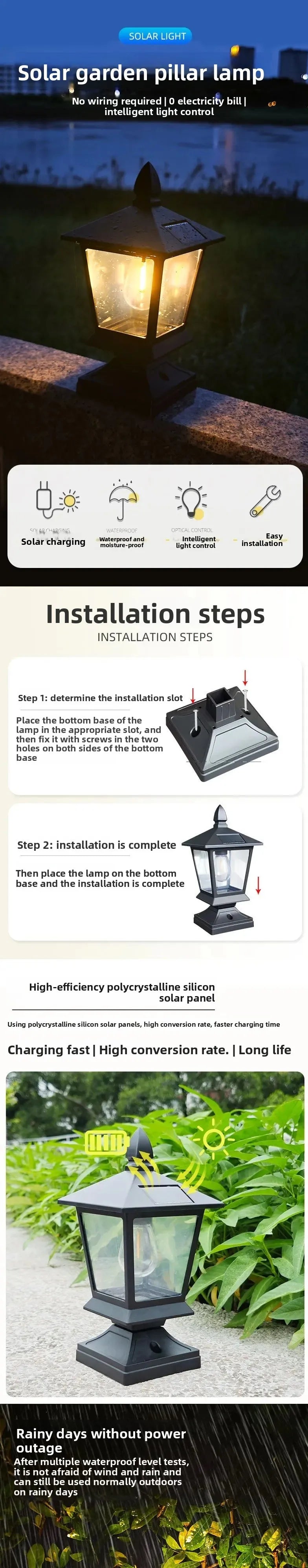 Outdoor Solar Pillar Light Waterproof Garden Villa Fence Lamp Landscape