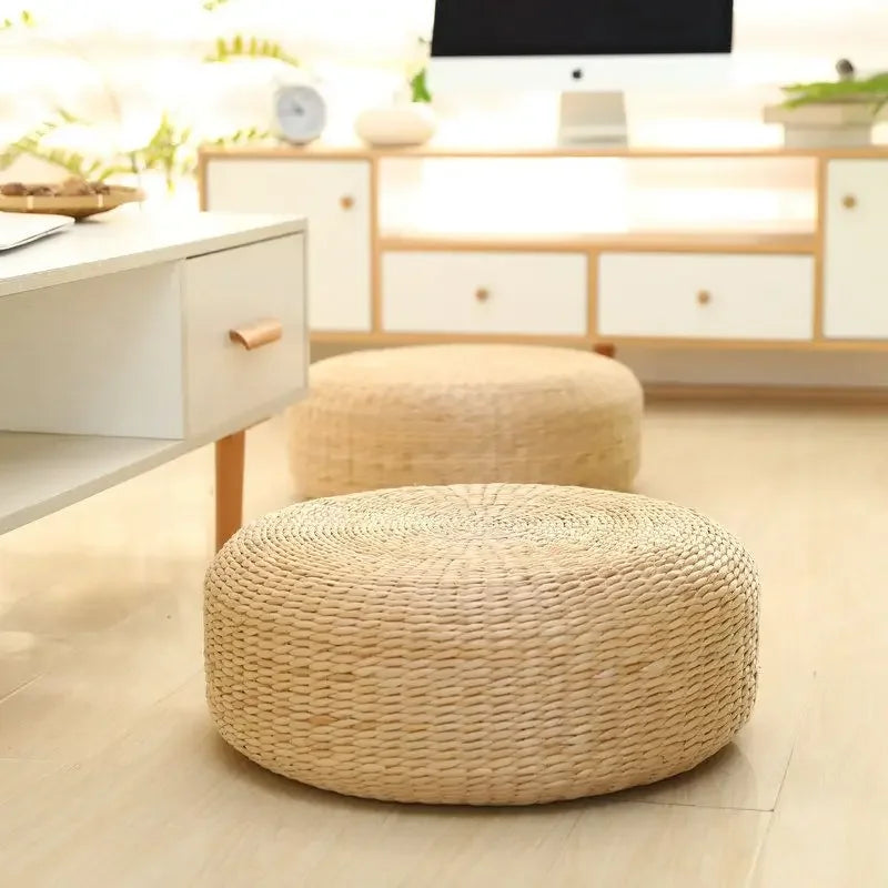 Handmade Woven Natural Straw Round Pouf Tatami Cushion Floor Cushion Home