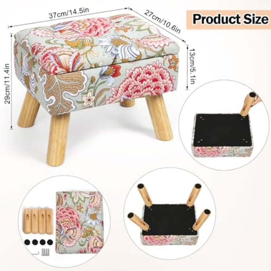 Square Storage Ottoman with Sturdy Wood Legs Tufted Upholstered Footstool