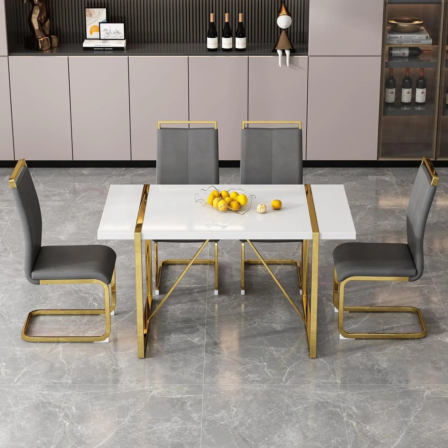 Dining Table Set for 4，White Rectangular Kitchen Table and Leather Dining Chairs