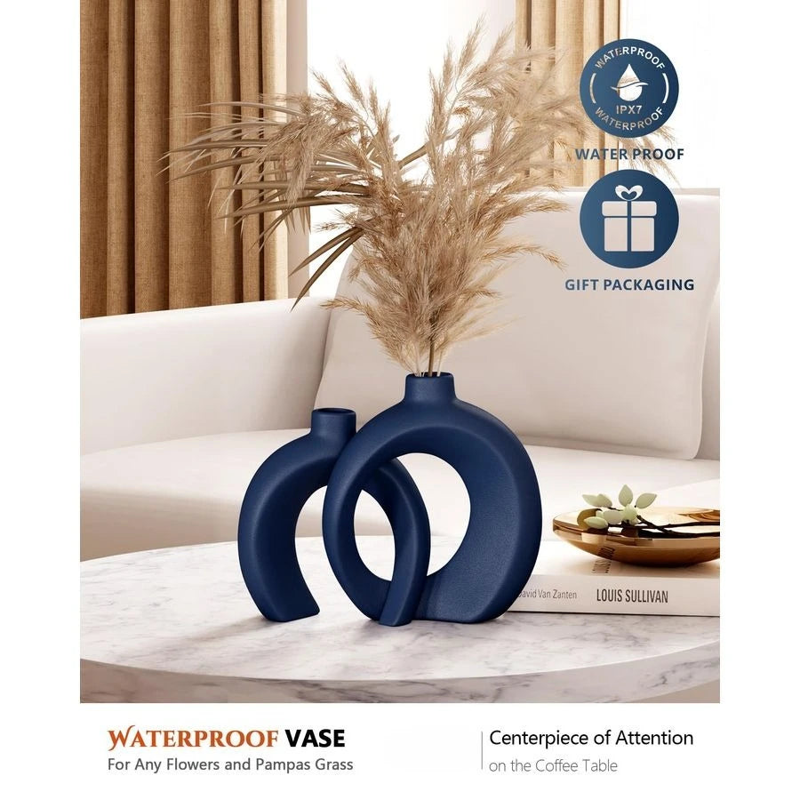 Vase Set of 2 Donut Navy Vases Home Decor, Modern Coastal Decor Decorative
