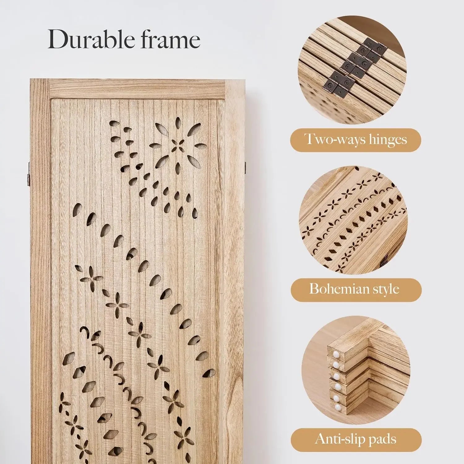 66.9Inch Folding Room Divider, 6 Panels Wood Carved Privacy Screens