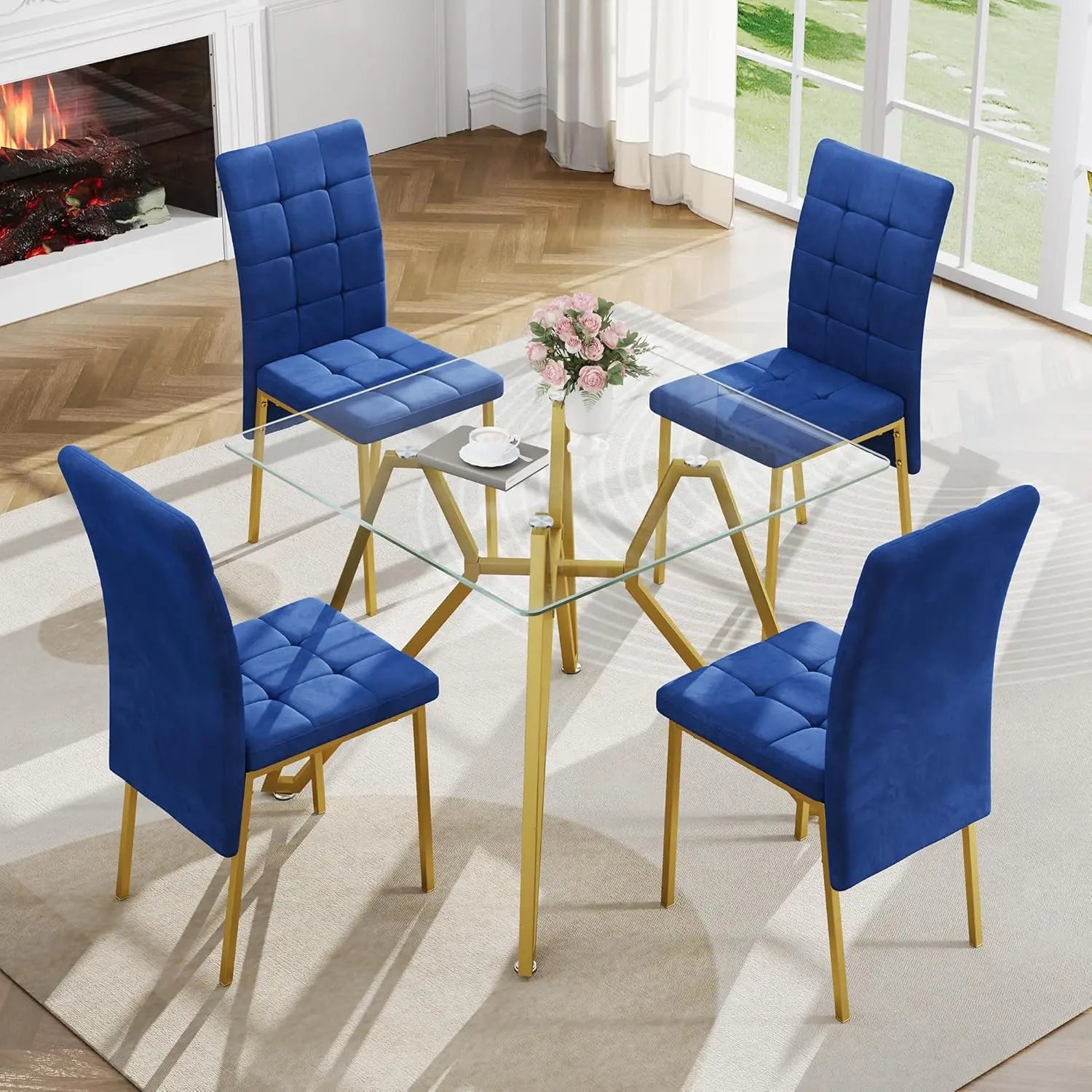 5-Piece Dining Table Set with 4 Blue Chairs, 36