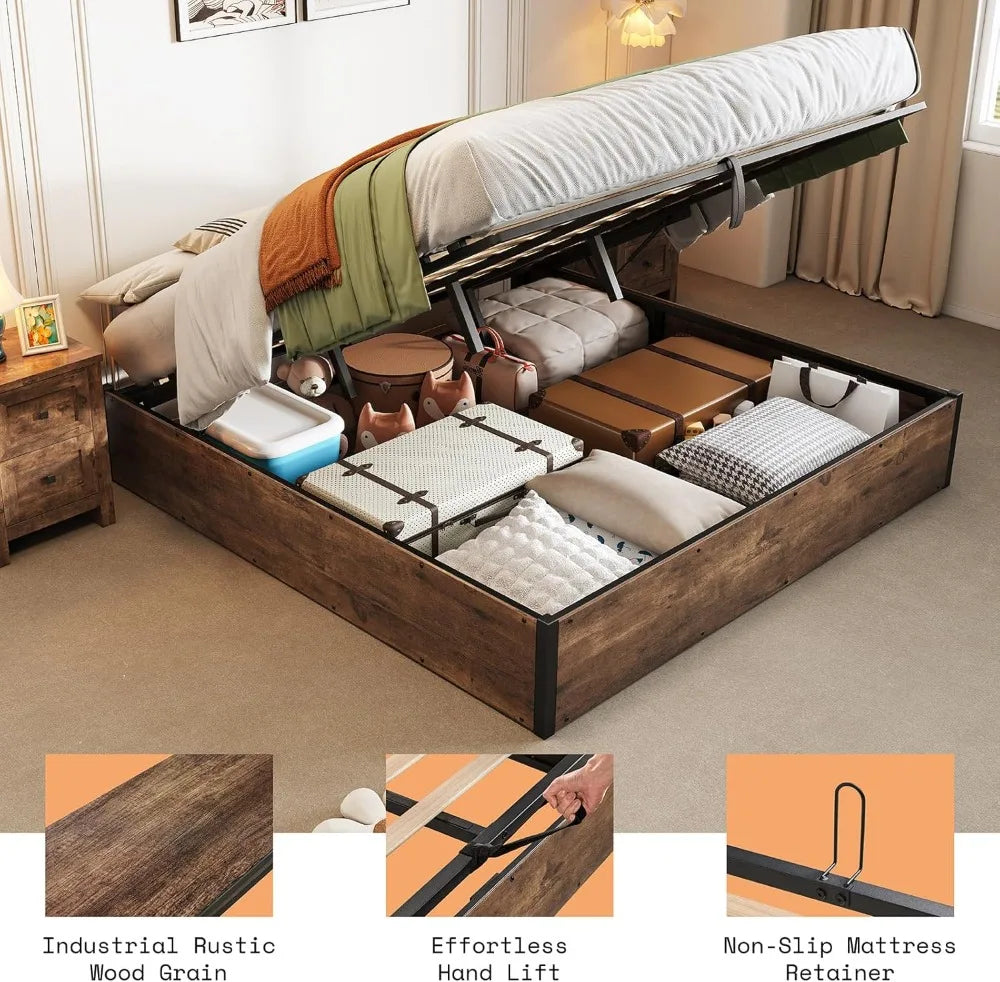 Queen Lift-Up Storage Bed — Wooden Platform with Under-Bed Storage