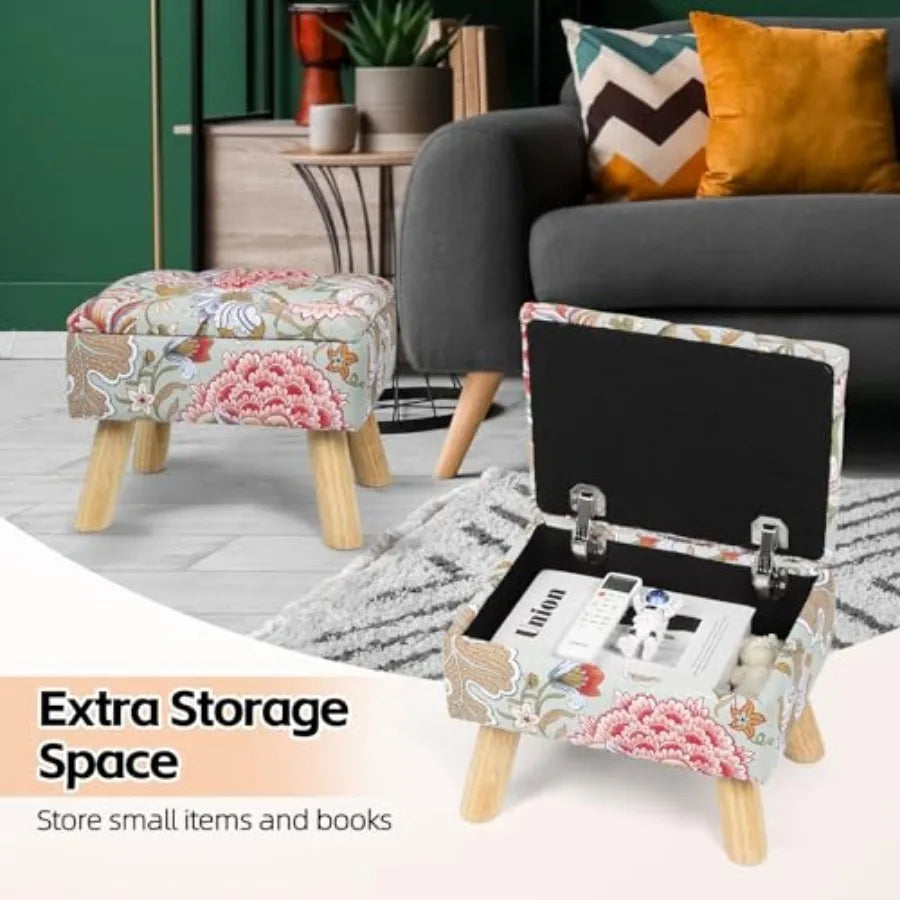 Square Storage Ottoman with Sturdy Wood Legs Tufted Upholstered Footstool