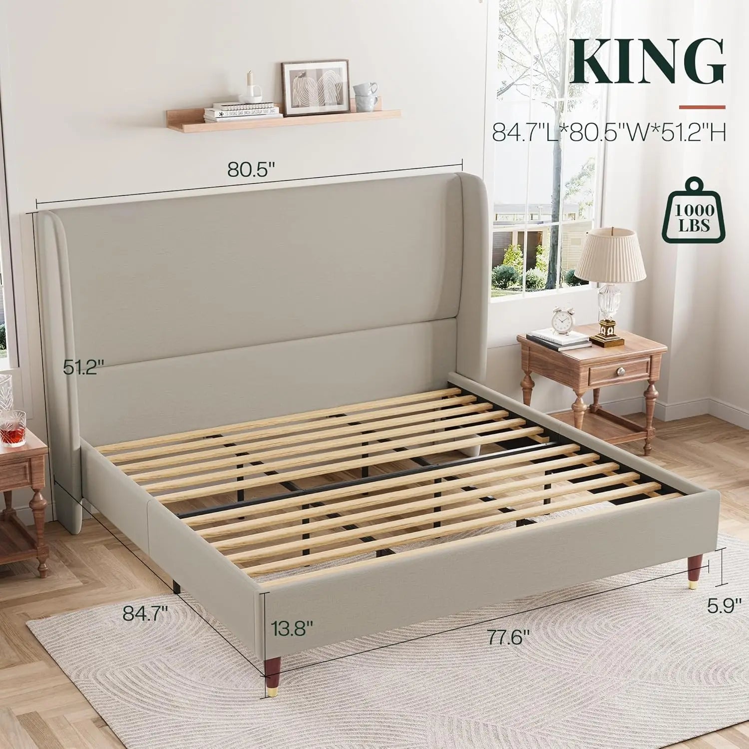 King Upholstered Wingback Platform Bed Frame — 51