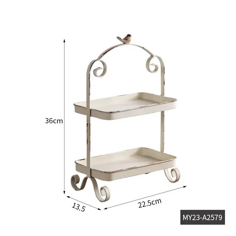 Metal White Double Height Tray with Retro Bird Finale, Cake Stand, Kitchen Storage