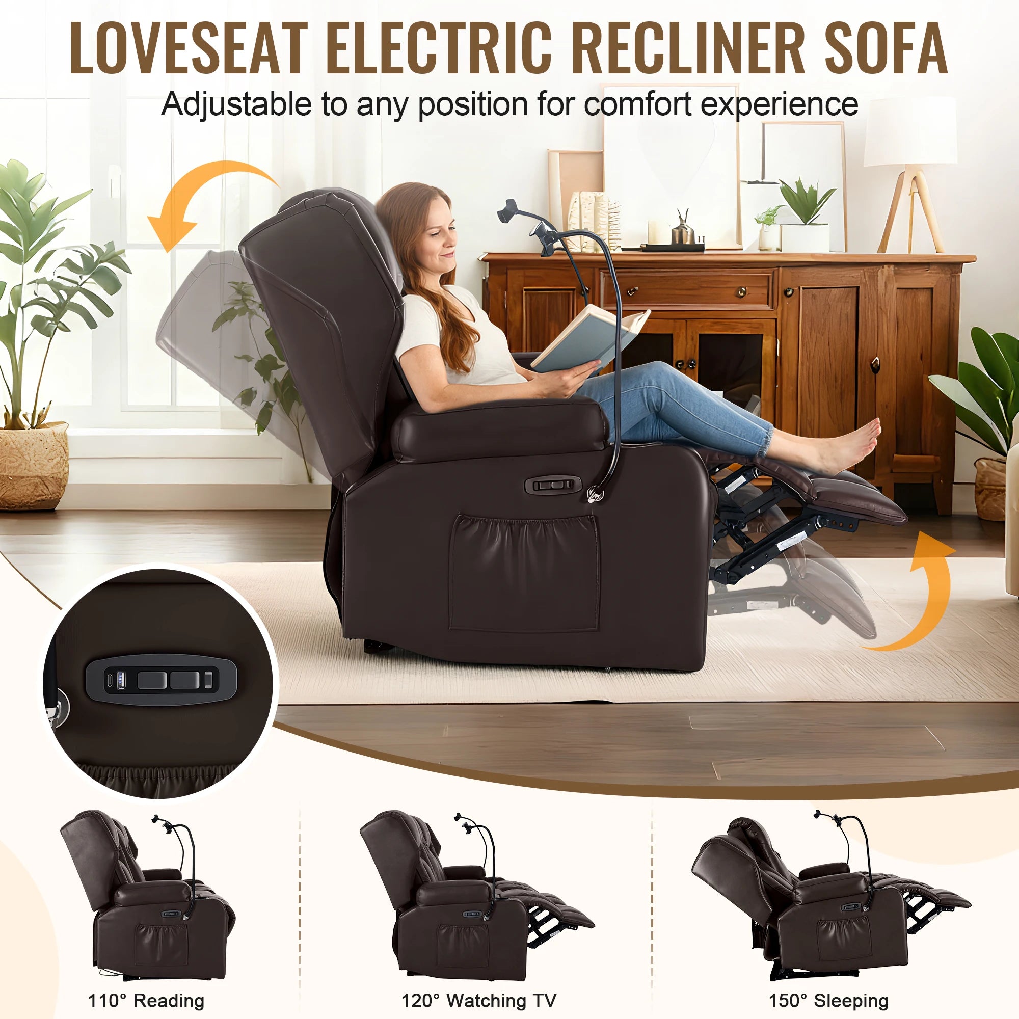 Power Loveseat Recliner with Massage & Heat — Dual Motor, Cat-Claw Leather