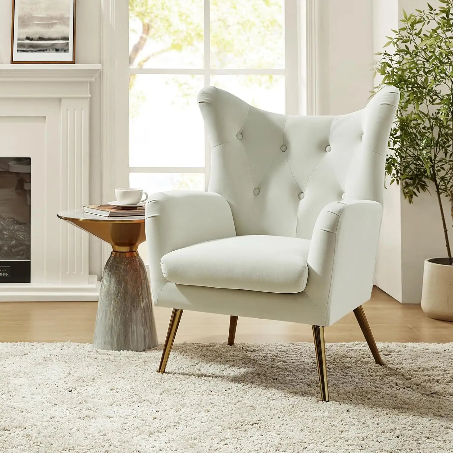 Velvet Accent Chair, Modern Wingback Arm Chair with Metal Gold Legs