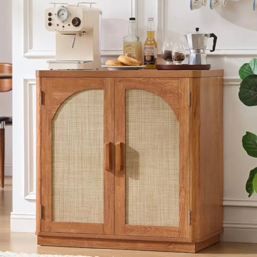 Rattan Sideboard Buffet Cabinet for Kitchen and Living Room Brown Wood