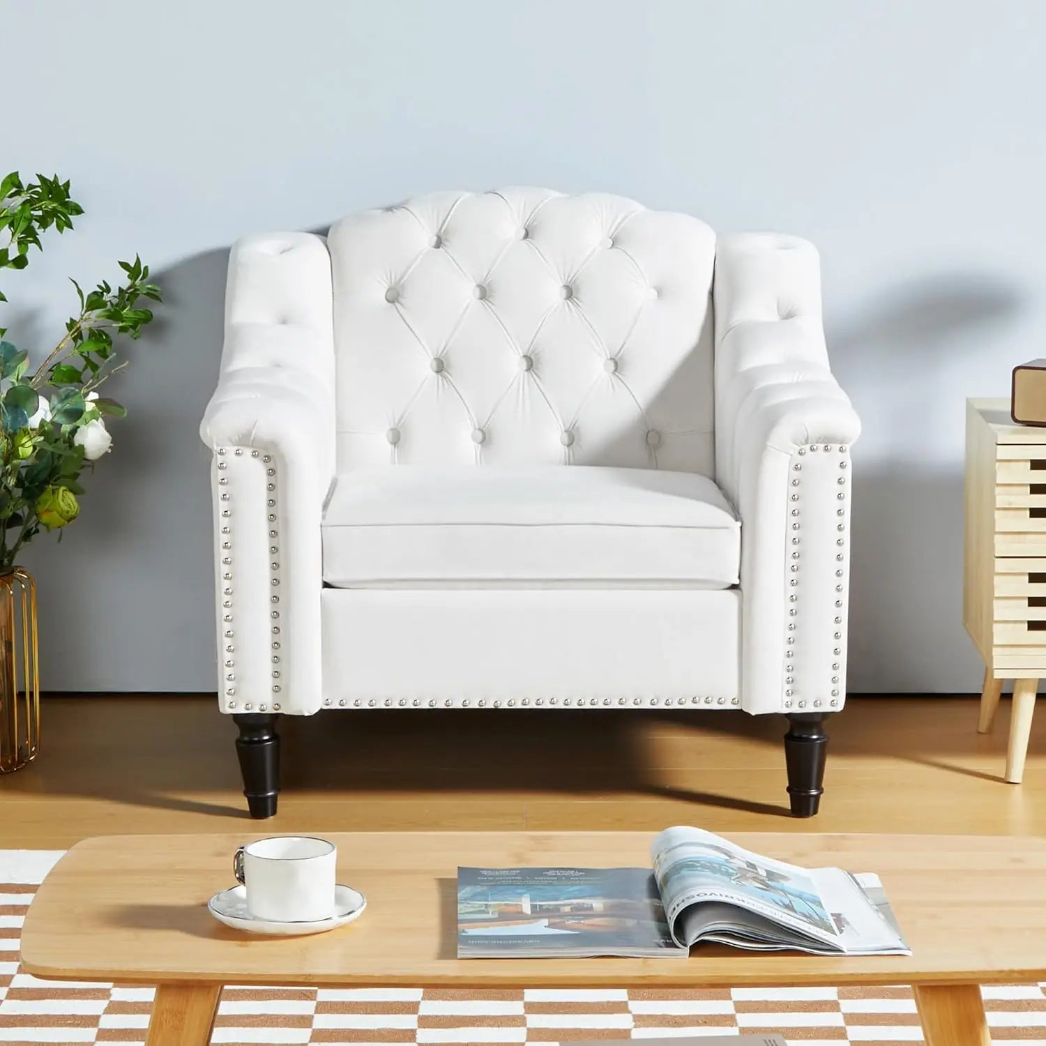 White Velvet Upholstered High Back Armchair Mid-Century Solid Wood Legs