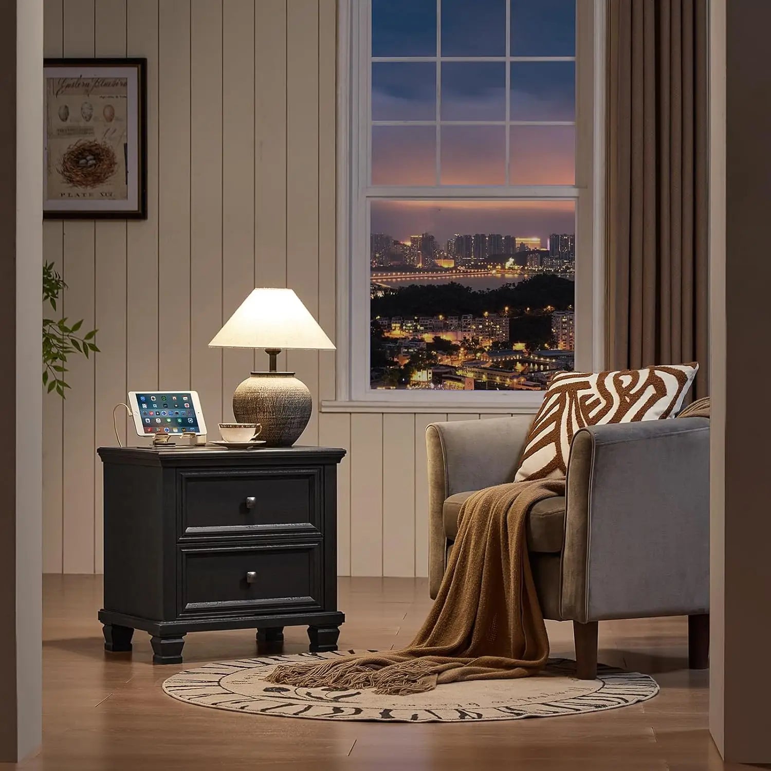 Farmhouse Nightstand Set of 2, Rustic Black Nightstands Vintage Wooden