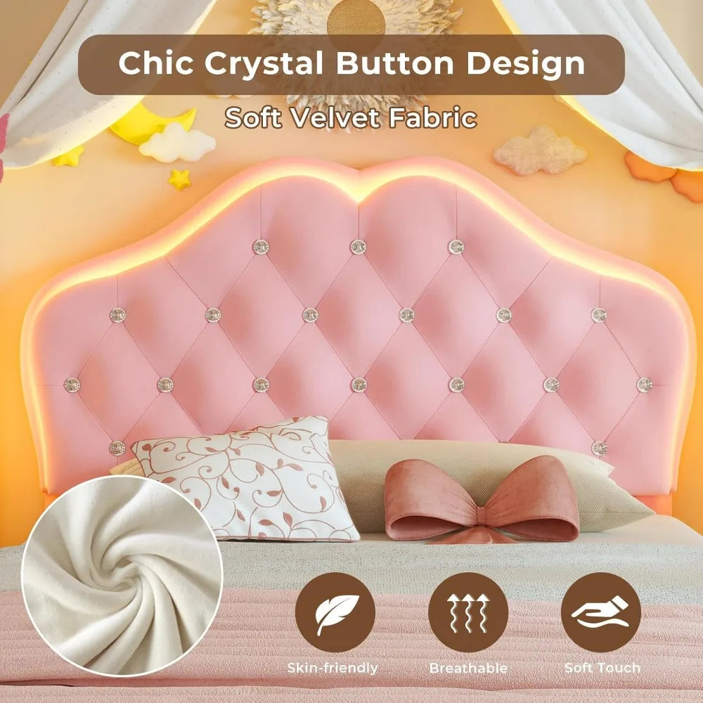 Twin Girl's Upholstered Platform Bed — LED Lights, Storage Drawer & Crystal Headboard