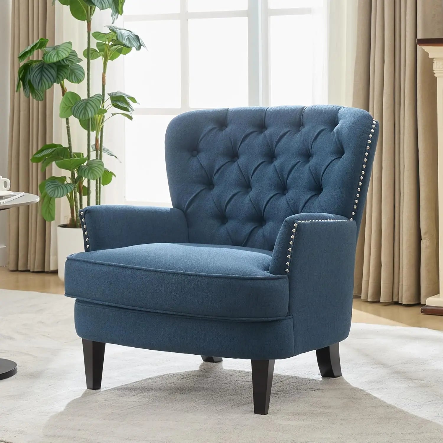 Fabric Upholstered Club Chair Tufted Wingback Accent Armchair Dark Blue