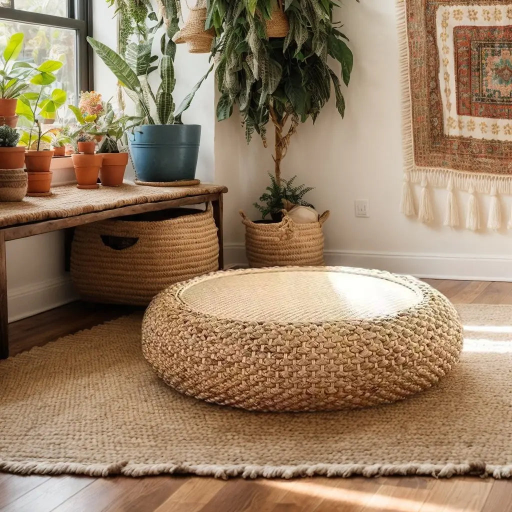 Handwoven Water Hyacinth Rattan Stool, Bohemian Round Ottoman for Bedroom