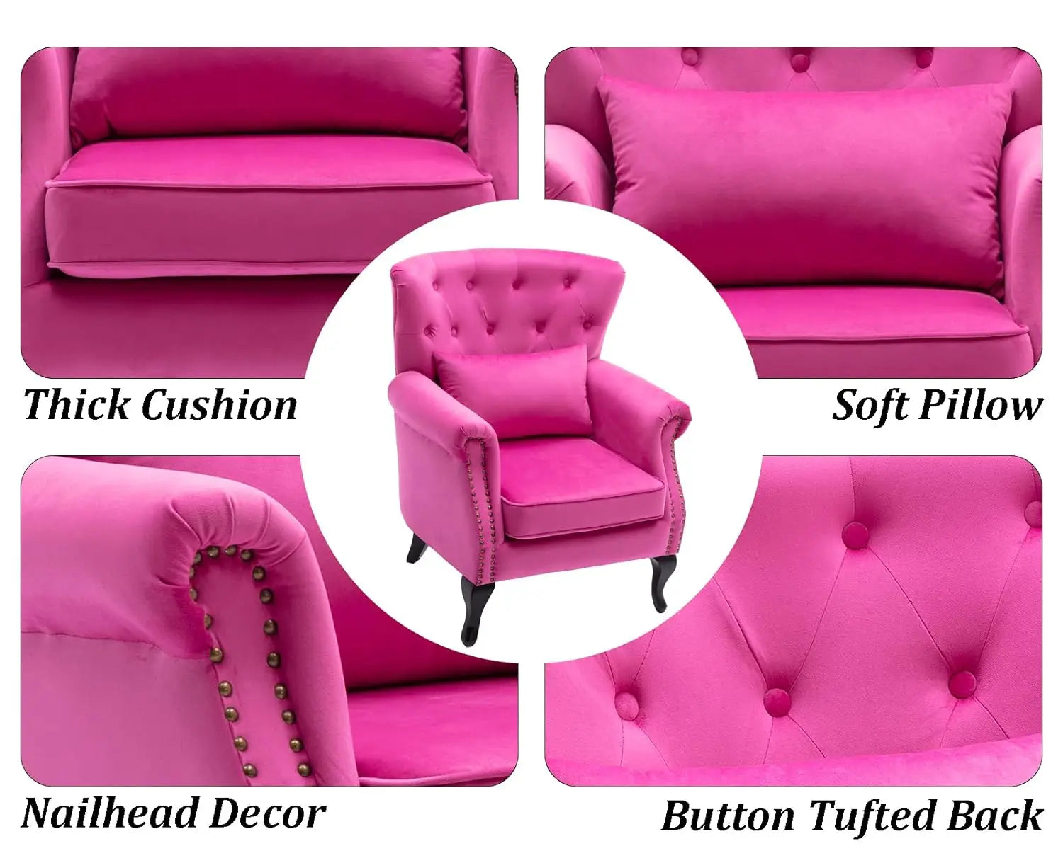 Mid Century Button Tufted Velvet Wingback Accent Club Chair With Pillow