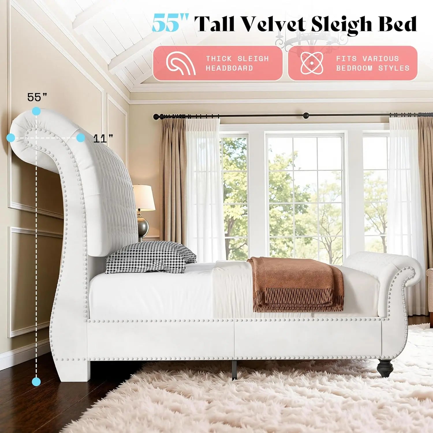 Velvet Sleigh Bed Frame — Queen, Scroll Headboard & Footboard