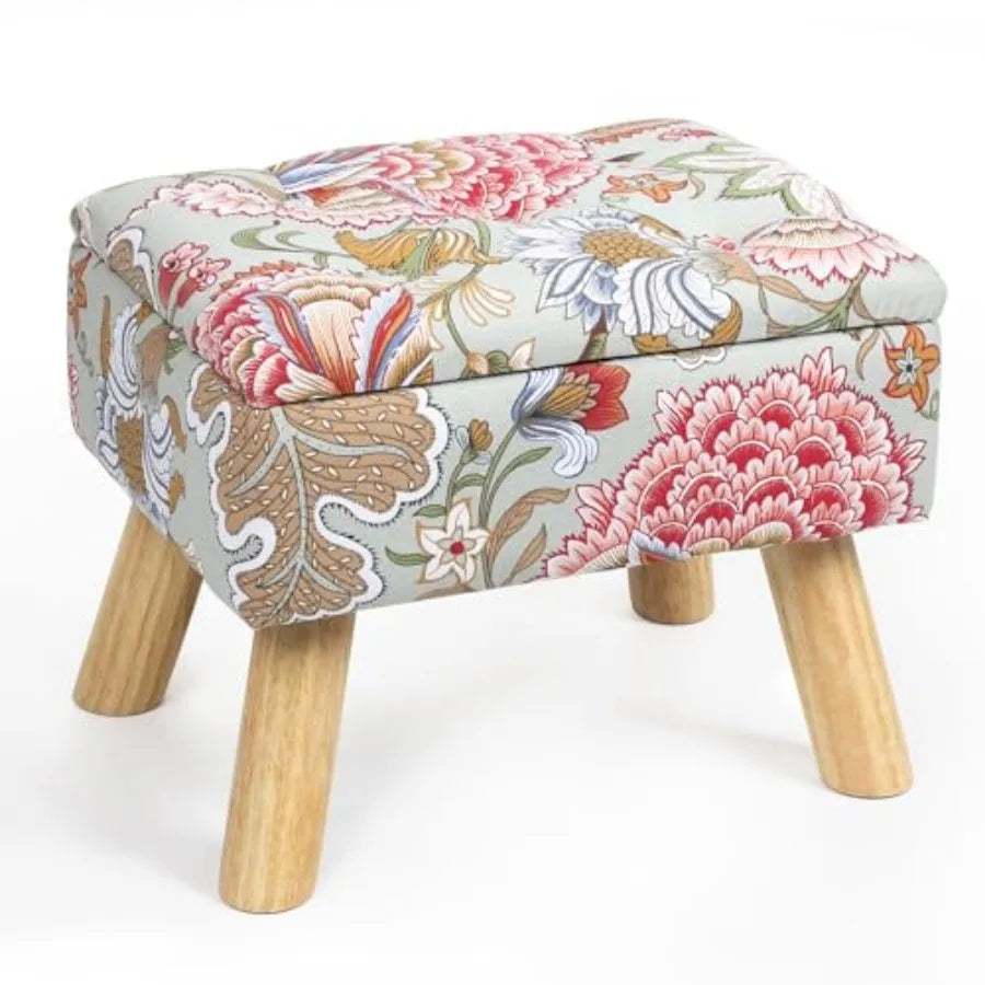 Square Storage Ottoman with Sturdy Wood Legs Tufted Upholstered Footstool