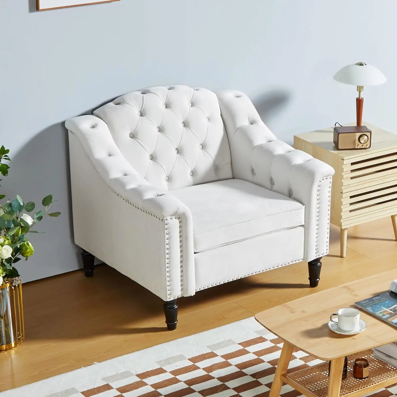 White Velvet Upholstered High Back Armchair Mid-Century Solid Wood Legs