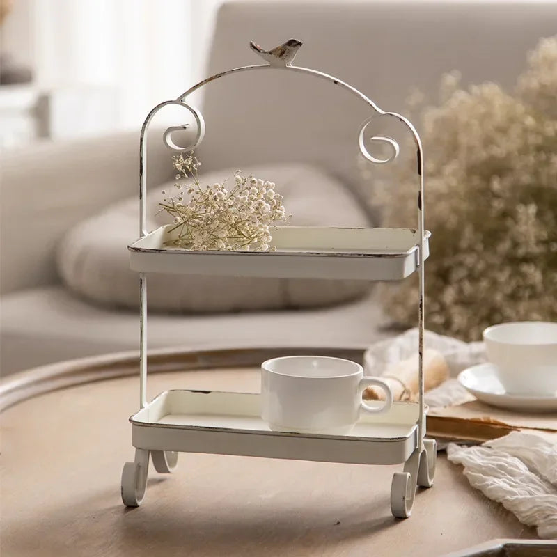 Metal White Double Height Tray with Retro Bird Finale, Cake Stand, Kitchen Storage