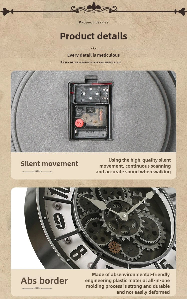 Retro Rotating Gear Wall Clock Home Decorative Wall Clock Stylish Silent