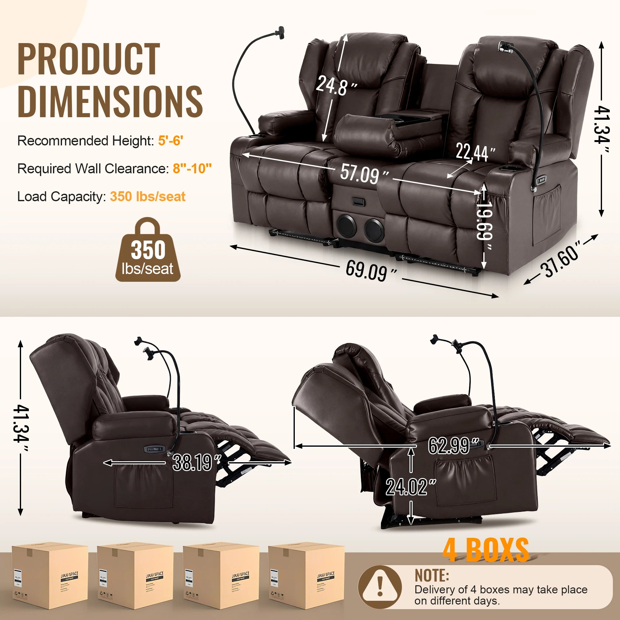 Power Loveseat Recliner with Massage & Heat — Dual Motor, Cat-Claw Leather