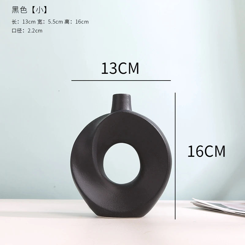 Nordic Ceramic Vase Circular Hollow Donuts Flower Pot Home Living Room