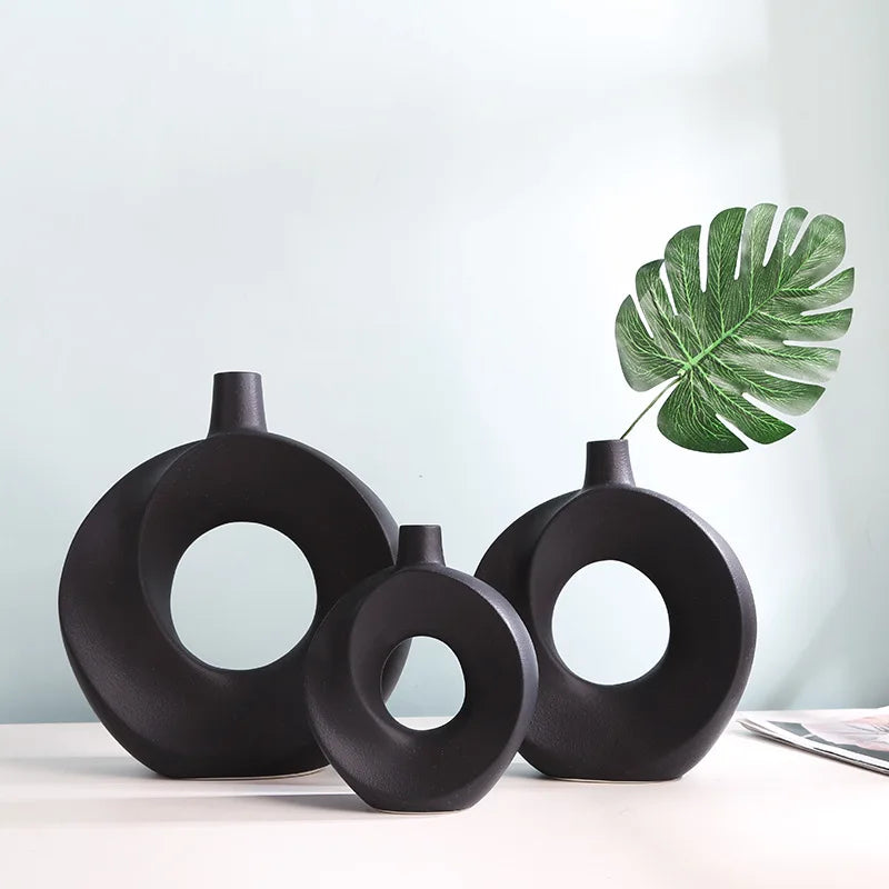 Nordic Ceramic Vase Circular Hollow Donuts Flower Pot Home Living Room