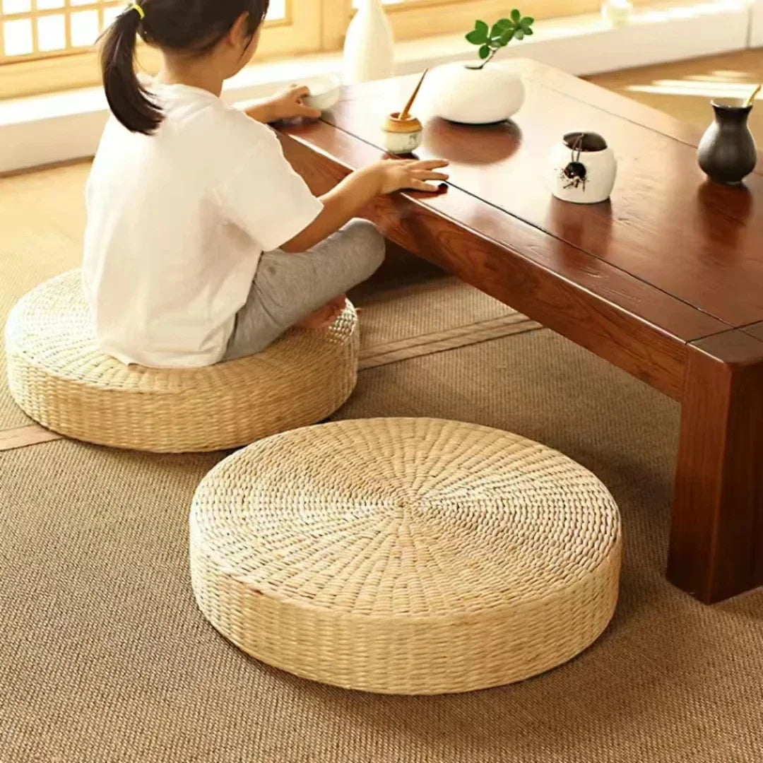 Handmade Woven Natural Straw Round Pouf Tatami Cushion Floor Cushion Home