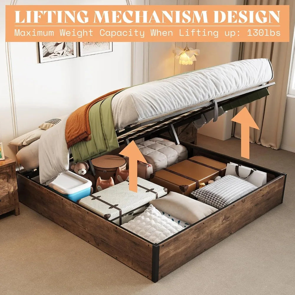 Queen Lift-Up Storage Bed — Wooden Platform with Under-Bed Storage